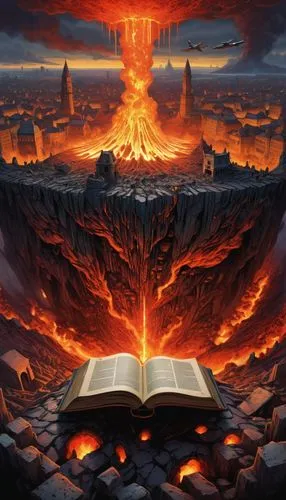 door to hell,lake of fire,fire background,book wallpaper,burning earth,cataclysm,Illustration,Realistic Fantasy,Realistic Fantasy 04