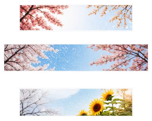 Seasons pictures, four separate frames, spring cherry blossoms, summer sunflowers, autumn leaves, winter snowflakes, bright colors, soft focus, warm lighting, panoramic view, cinematic composition.,4 