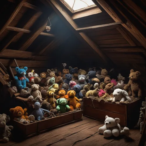 Imagine a spooky attic filled with old dusty stuffed animals.,stuffed animals,teddies,teddy bears,attic,cuddly toys,soft toys,noah's ark,piglet barn,plush toys,stuffed toys,plush dolls,puppet theatre,