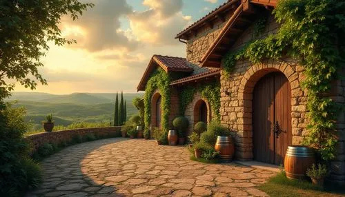 Mediterranean winery, green architecture style, rustic villa, lush vineyards, rolling hills, Tuscan countryside, warm golden lighting, afternoon sun, dramatic clouds, old stone walls, wooden beams, te