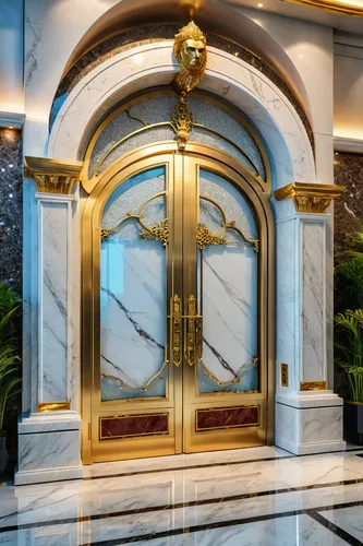 revolving door,metallic door,concierge,gold stucco frame,art deco,lobby,hinged doors,elevators,front door,main door,hotel lobby,entry,doorway,doors,art deco ornament,art deco frame,emirates palace hotel,the door,elevator,luxury hotel,Photography,General,Realistic