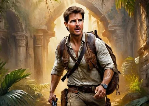 Tom Cruise, Nathan Drake, Uncharted, masculine, mature, rugged, messy brown hair, stubble, adventurous eyes, leather jacket, white shirt, dark pants, backpack, gun holster, treasure map, ancient artif