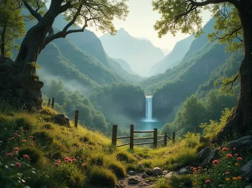 Landscape integration, blending with nature, serene atmosphere, rolling hills, lush green forests, majestic mountains, sparkling waterfall, misty fog, vibrant wildflowers, ancient trees with twisted b