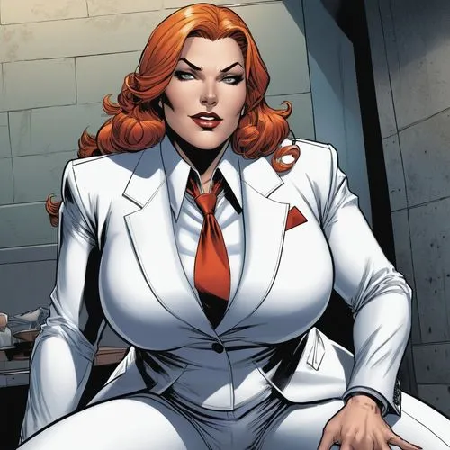 female version of Kingpin from Marvel Comics. 
white suit,madelyne,rahne,siryn,romanoff,lilandra,macniven,cassaday,wildstorm,giganta,shatterstar,beyonder,zatara,hellstrom,mcniven,mahvash,luthor,lobdel