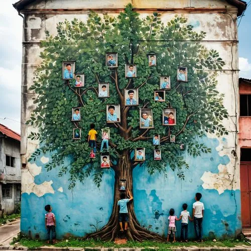 генеалогическое древо,four people standing under a tree painted on a building,jaggery tree,trumpet tree,bodhi tree,painted tree,family tree,wall painting,penny tree,muralism,fruit tree,money tree,urba