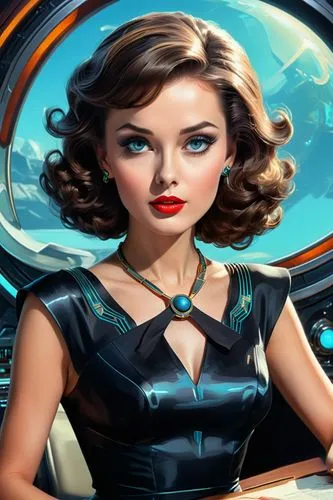 sci fiction illustration,art deco woman,art deco background,emshwiller,atomic age,bathysphere,retro pin up girl,anchorwoman,cosmogirl,world digital painting,retro woman,horoscope libra,aviatrix,pin up girl,retro pin up girls,pin-up girl,amphitrite,aquanauts,margaery,pin ups,Illustration,Retro,Retro 12