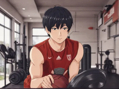 Kageyama Tobio practicing alone in the gym,fitness room,sports training,fitness center,workout,sports exercise,weightlifting,training,weight lifting,weight training,medicine ball,physical exercise,fit