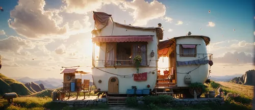 sky apartment,little house,studio ghibli,cubic house,house trailer,dunes house,cube house,lonely house,crooked house,apartment house,small house,crispy house,miniature house,3d render,ancient house,hanging houses,cube stilt houses,tree house,house in mountains,houseboat,Photography,General,Cinematic