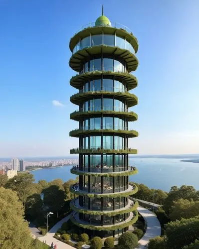 observation tower in the form of sushi sticks,a tall tower with a skylight next to the ocean,the energy tower,bird tower,observation tower,electric tower,singapore landmark,animal tower