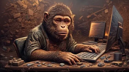 monkeys band,ape,man with a computer,orangutan,bonobo,chimpanzee,monkey island,content writers,chimp,primate,great apes,gorilla,day trading,computing,stock trader,baboon,orang utan,computer freak,coder,girl at the computer,Game Scene Design,Game Scene Design,Realistic