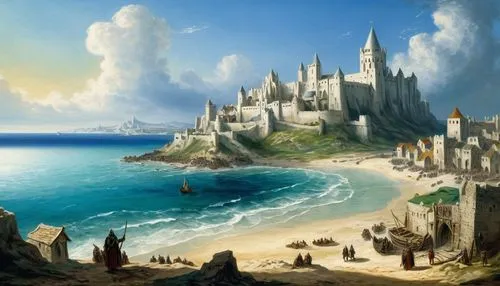 fantasy landscape,fantasy picture,fantasy art,imperial shores,heroic fantasy,3d fantasy,fantasy city,world digital painting,fantasy world,knight's castle,water castle,sea landscape,castle of the corvin,sea fantasy,coastal landscape,an island far away landscape,ruined castle,castel,kings landing,island of fyn,Art,Classical Oil Painting,Classical Oil Painting 08