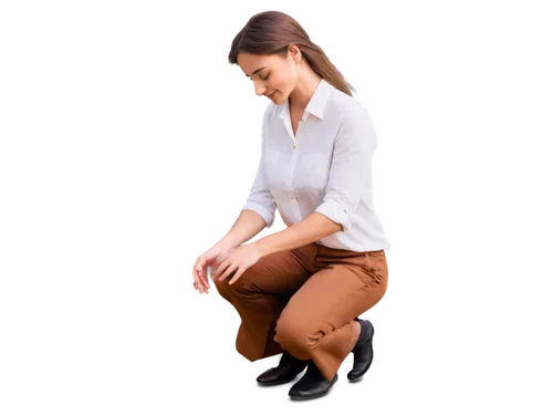 Kneeling person, hands clasped together, eyes closed, peaceful face, gentle smile, soft hair, simple white shirt, brown pants, bare feet, subtle wrinkles on forehead, morning sunlight, warm glow, 3/4 