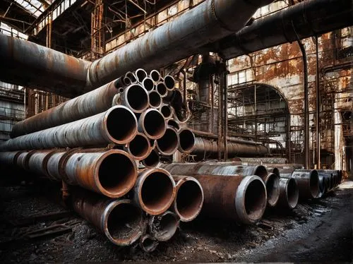 Industrial pipe, intricate metallic structure, cylindrical shape, silver color, rusty details, urban decay, abandoned factory, dim lighting, dramatic shadows, high contrast, industrial atmosphere, 3/4