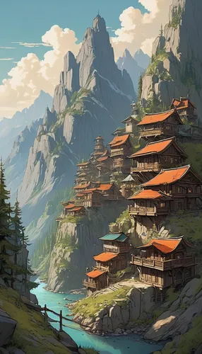 mountain settlement,mountain village,alpine village,mountain huts,tigers nest,house in mountains,mountain landscape,mountainous landscape,house in the mountains,meteora,mountain scene,fantasy landscape,yunnan,mountains,mountain valley,mountainside,high landscape,autumn mountains,high mountains,valley,Conceptual Art,Fantasy,Fantasy 08