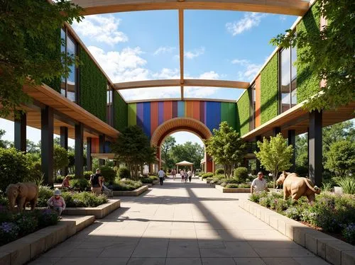 Vibrant zoo entrance, exotic animal sculptures, lush greenery walls, natural stone flooring, wooden accents, modern curved lines, dynamic geometric patterns, colorful LED lighting, transparent glass f