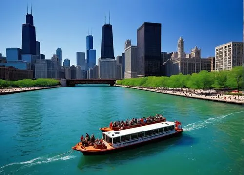 Chicago River, architectural landmarks, sunny day, clear blue sky, white clouds, calm water reflection, tourist boat, open-air deck, passengers seated, holding cameras, smiling faces, sunglasses, casu