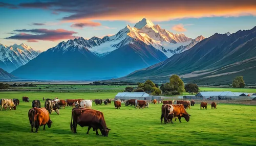 Unconventional travel ideas for all the family in 2019: Farmland with grazing cows and Mount Cook on background, Canterbury, New Zealand,new zealand,newzealand nzd,south island,mountain cows,mountain 