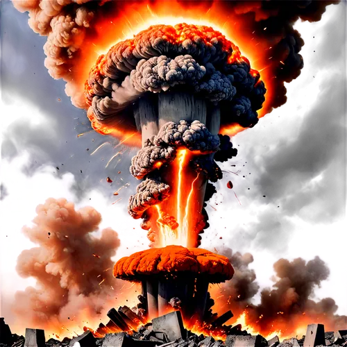 Explosive mushroom cloud, dark smoke, fiery orange glow, shattered debris, destruction, chaos, massive shockwave, devastating impact, loud roaring sound, intense flash, 3/4 composition, dramatic close