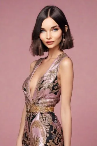 The image is a portrait of a young woman with shoulder-length brunette hair. She is wearing a black blazer and is standing against a pink background. The woman is looking directly at the camera with a