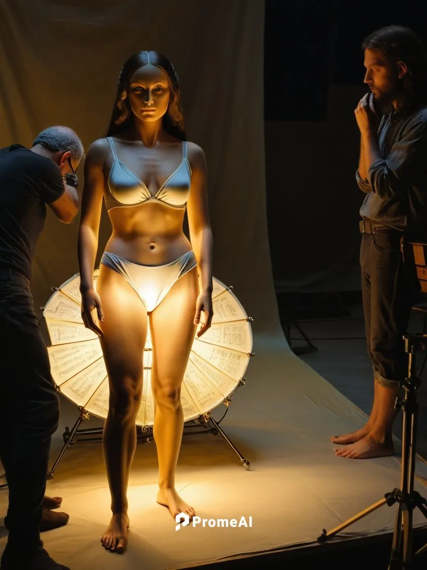 A model is being prepared by Leonardo da Vinci for his next painting.,a lady in a bikini standing in front of a light,photo session in bodysuit,bodypainting,a wax dummy,bodypaint,scene lighting,video 