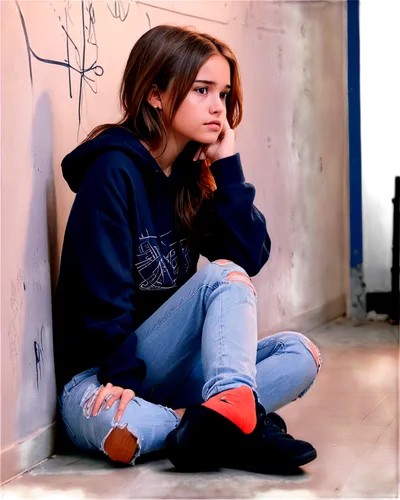 Lonely girl, solo, (18yo), sorrowful expression, tears in eyes, messy brown hair, minimal makeup, casual wear, ripped jeans, black hoodie, sitting on floor, back against wall, dim lighting, cinematic 