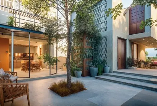 a large patio with a tree, chair and a patio,landscape design sydney,garden design sydney,landscape designers sydney,courtyards,modern house,landscaped,Photography,General,Cinematic