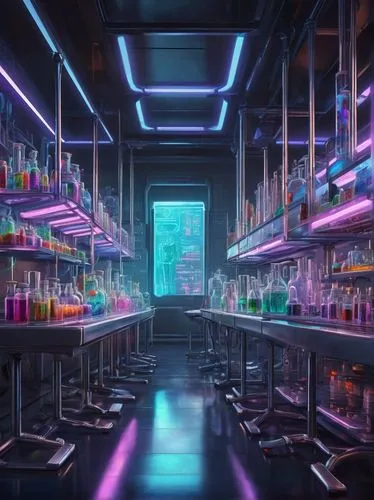 Fantasy AI-generated artwork, futuristic laboratory, neon lights, sleek metal tables, various futuristic gadgets, holographic screens, robotic arms, intricate circuitry patterns, glass containers fill