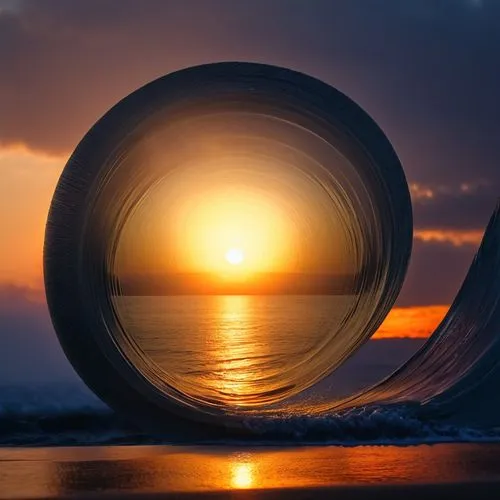 sunrise,inflatable ring,torus,stargate,glass sphere,round frame,revolving light,kinetic art,circle shape frame,parabolic mirror,lens reflection,circular,time spiral,aperture,3-fold sun,semi circle arc