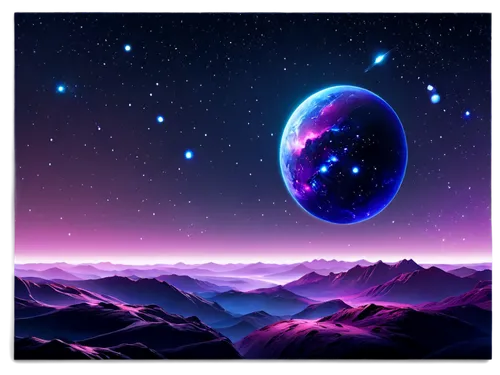 Galaxy background, cosmic scenery, vibrant purple and blue hues, stars twinkling, nebula clouds, 3D spherical shape, glossy surface, high-resolution texture, panoramic view, cinematic composition, dra