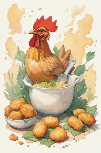 Create a funny story featuring chicken nuggets,domestic chicken,fried chicken,chicken soup,chicken,fritters,winter chickens,chicken 65,chicken nuggets,baked chicken,chicken product,polish chicken,chic