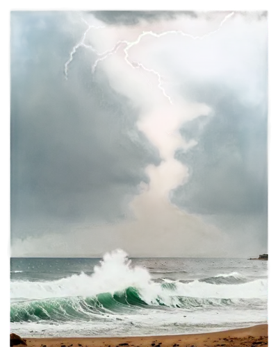 Stormy weather, dark clouds, heavy rain, strong wind, lightning flash, thunderbolt, turbulent waves, ocean spray, seagulls flying away, misty atmosphere, moody lighting, cinematic composition, shallow