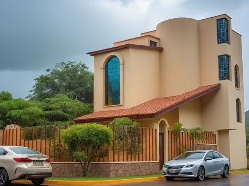 HOUSE MEXICAN  WALLS IN BEIGE, WITH LARGE STAINED GLASS WINDOW FACADE FRONT DETAILS OF QUARRY AND TROPICAL VEGETATION IN GARDEN, FOREGROUND ASPHALT AND MODERN CARS,MAINTAIN VOLUMETRY AND FORMS ,BACKGR