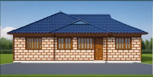 this is a front elevation of residential bungalow, render in a creative way
,the rendering shows the side of a home with a blue roof,houses clipart,passivhaus,shingling,roof tile,wooden house,danish h