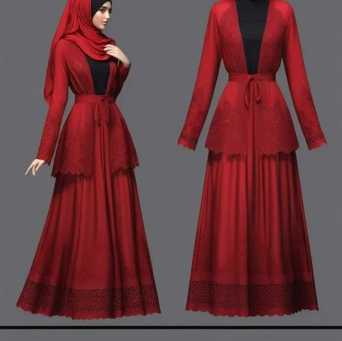 3d fashion drawing for Muslim hejab with loose blouse with black and red ,a very cute red dress with lace on the top and bottom,abaya,abayas,tahiliani,hanbok,kurung,surcoat,Photography,General,Realist