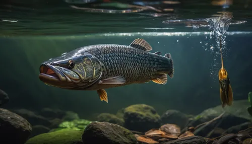 (rim lighting,beautiful lighting,morning lighting),Snakehead fish jumping out of the river to the air to eat insects.,cichlid,freshwater fish,northern largemouth bass,ornamental fish,forest fish,commo