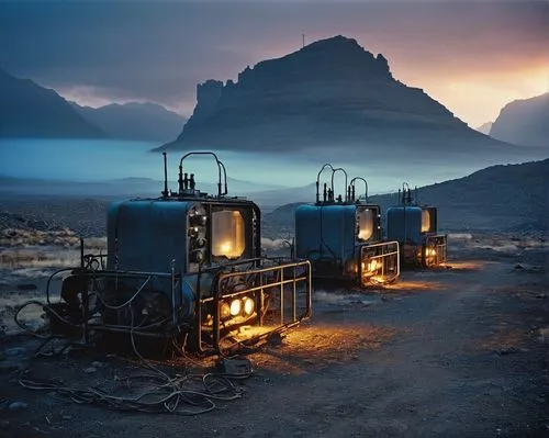 Futuristic sci-fi generators, abandoned, old, rusty, metallic, complex structure, pipes, wires, buttons, screens, glowing blue lights, misty atmosphere, dim lighting, industrial setting, desolate land