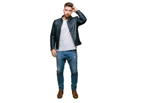 Bearded man, muscular build, serious expression, short beard, messy hair, blue eyes, strong jawline, nose ring, black leather jacket, white T-shirt, ripped jeans, combat boots, standing, hands in pock