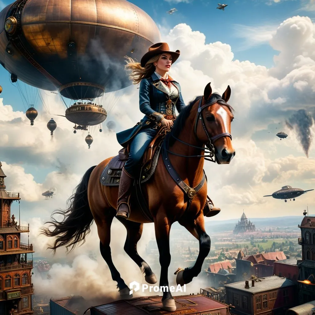 Ein Cowgirl das auf einem Pferd gemächlich durch eine Steampunk Metropole reitet und hin und wieder einige der Pasagier und Frachtzeppeline sowohl an den Landeplätzen am boden als auch jene die am him