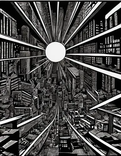 panopticon,sci fiction illustration,metropolis,panoramical,black city,escher,klaus rinke's time field,metropolises,parallel worlds,city cities,kowloon city,science-fiction,virtual world,comic book bub