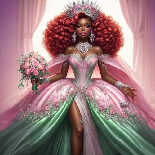 azealia,latrice,shangela,monique,rosa 'the fairy,tiana,fairy queen,pink diamond,rupaul,queening,rosa ' the fairy,ball gown,majette,leontyne,with a bouquet of flowers,flower fairy,queenly,oprah,rose quartz,flower girl