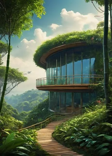 forest house,house in the forest,treehouse,studio ghibli,tropical house,teahouse,ghibli,aqua studio,tree house,tree house hotel,treehouses,ecotopia,dreamhouse,biomes,futuristic landscape,house in mountains,tropical forest,house in the mountains,cartoon video game background,house with lake,Conceptual Art,Fantasy,Fantasy 05