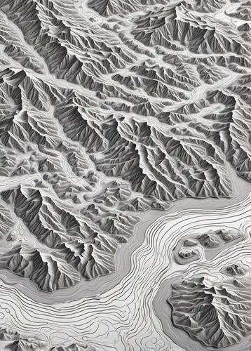 black and white topographic map, detailed lines, elevation contours, mountainous terrain, rolling hills, flat plains, rivers, lakes, scale indicator, north arrow, grid lines, shaded relief, high contr