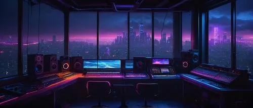 cyberpunk,computer room,aesthetic,dusk,vapor,purple wallpaper,cityscape,music workstation,study room,fantasy city,dream world,atmoshphere,modern room,futuristic landscape,playing room,neon,80s,ufo interior,80's design,nightscape,Conceptual Art,Daily,Daily 27