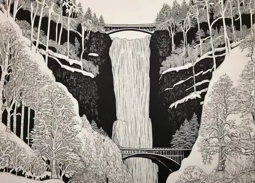 bridal veil fall,helmcken falls,multnomah falls,water falls,snow bridge,brown waterfall,waterfall,bridal veil,falls,ash falls,ilse falls,cascades,water fall,waterfalls,cool woodblock images,falls of the cliff,wasserfall,tower fall,bond falls,cascade,Illustration,Black and White,Black and White 11