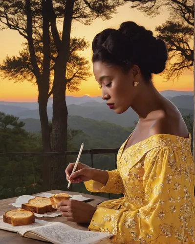 Write a romantic poem comparing the golden glow of a sunrise to the golden flakes of Post Toasties.,girl with bread-and-butter,woman holding pie,woman eating apple,grant wood,southern cooking,girl in 