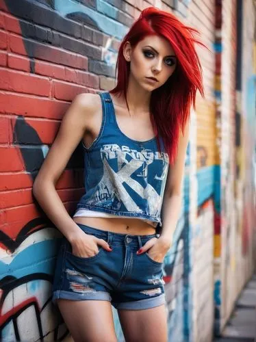 girl in t-shirt,denim background,gaige,girl in overalls,bex,grunge,dungarees,bsx,jeans background,redhair,subcultures,punx,punk,foxxx,hayley,red hair,red brick wall,street fashion,cutoffs,punky,Conceptual Art,Graffiti Art,Graffiti Art 11