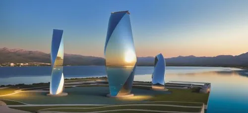 lago en el medio de los edificios , edificios de cristal, de noche
,the statue of a giant fountain near the water's edge,k13 submarine memorial park,futuristic architecture,lusail,sochi,skylon,calatra