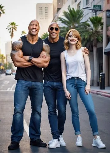 Dwayne "The Rock" Johnson, Emma Stone, standing back-to-back, Hollywood stars, casual wear, The Rock's muscular arms crossed, black tank top, denim jeans, sneakers, Emma's blonde hair, bright smile, b