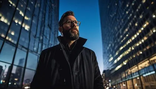 Famous architectural photographer, male, 40s, beard, glasses, black jacket, holding camera, looking up, urban skyscraper, modern cityscape, blue hour, dramatic lighting, low-angle shot, wide-angle len