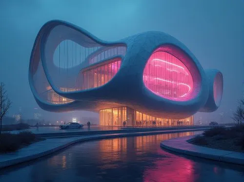 Futuristic building, experimental architecture, polycarbonate materials, transparent walls, iridescent reflections, glowing neon lights, complex geometric structure, curvaceous lines, angular shapes, 